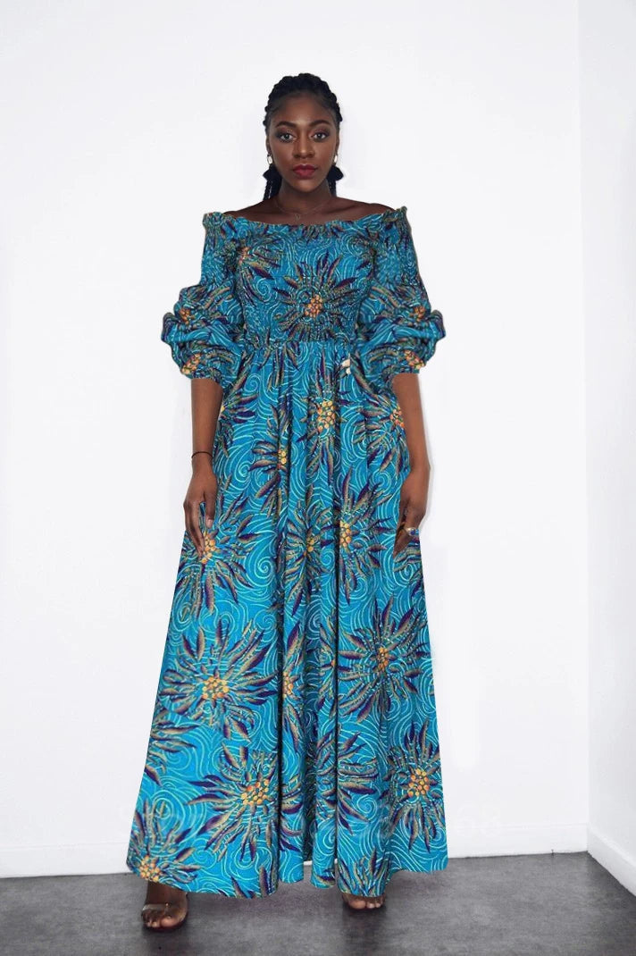 African National Print Party Dress Women Casual Sexy Slash-neck Lady Maxi Dress New Vintage Long-sleeved Loose Elegant Dresses