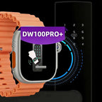 Smartwatch with orange band displaying 'DW100PRO+' on a background of a digital lock.
