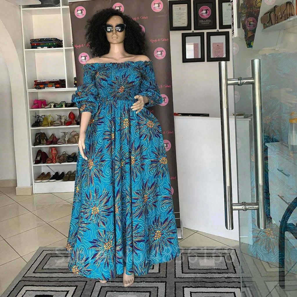 African National Print Party Dress Women Casual Sexy Slash-neck Lady Maxi Dress New Vintage Long-sleeved Loose Elegant Dresses