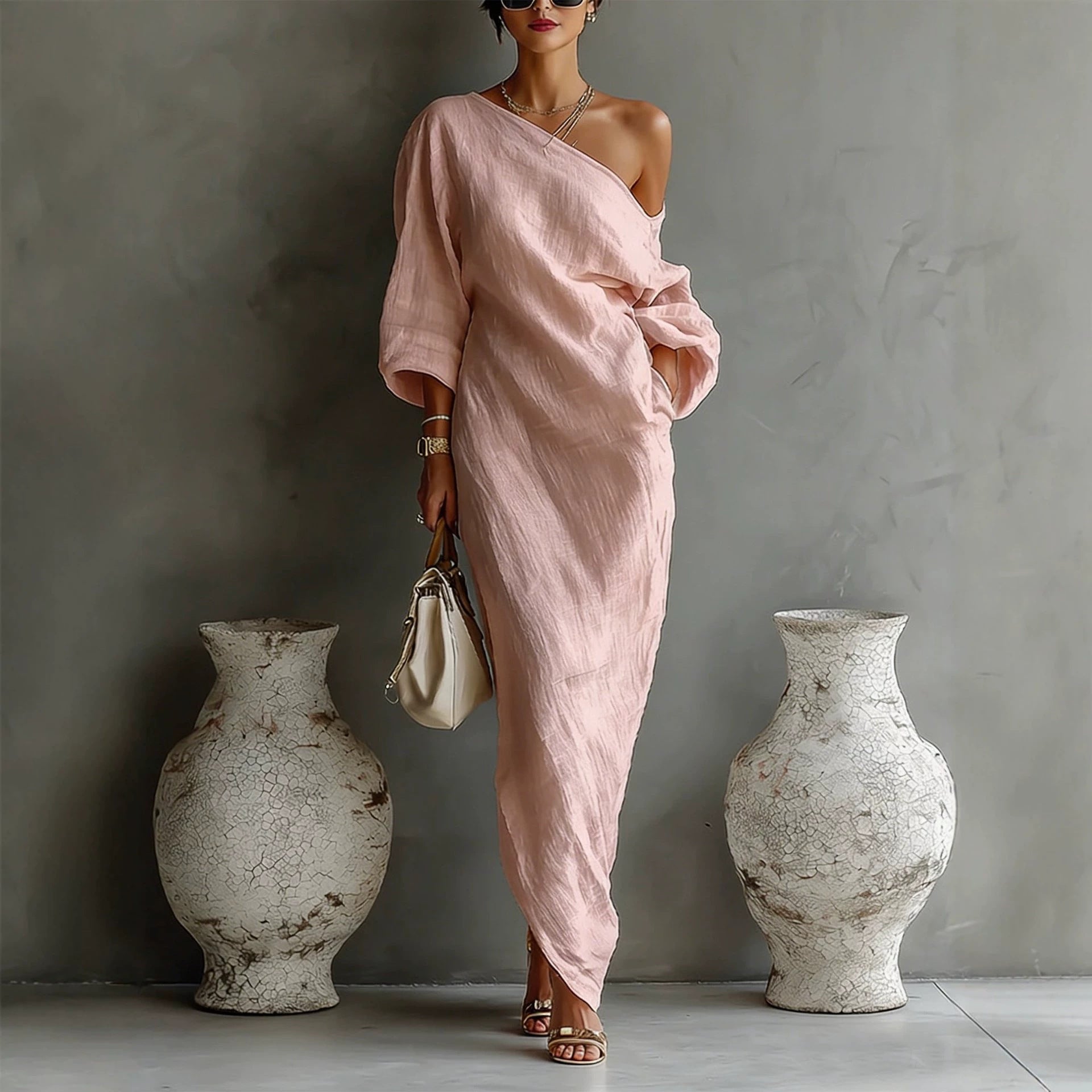 Elegant Long Sleeve Flared Hem Evening Dress