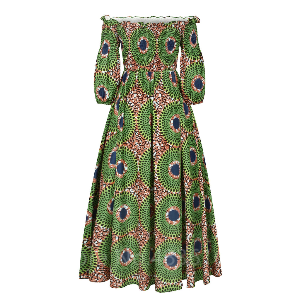 African National Print Party Dress Women Casual Sexy Slash-neck Lady Maxi Dress New Vintage Long-sleeved Loose Elegant Dresses