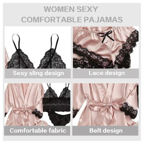 Collage of women's pajamas with different designs on a light gray background.