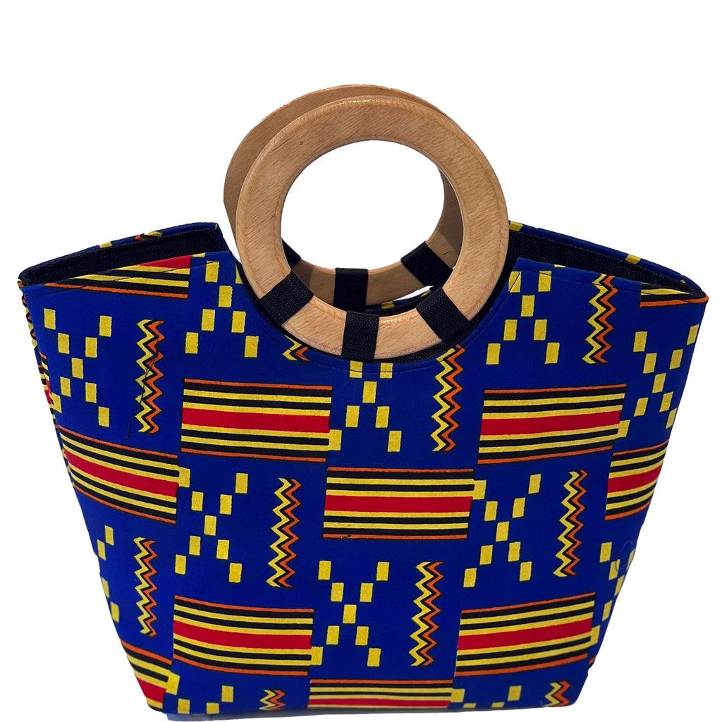Tote bag with blue and red pattern and wooden handle on a white background
