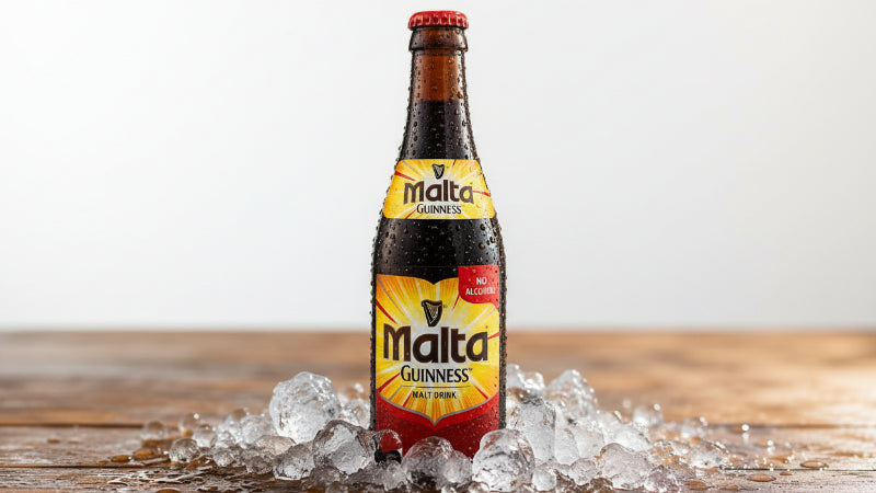 Malta Guinness bottle on ice with a blurred plant and wooden surface in the background