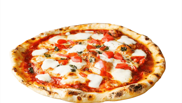 large pizza with tomato and cheese on a white background. Margherita Pizza from Town Bakery