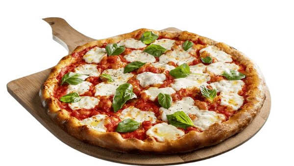 Margherita pizza with mozzarella and basil on a wooden pizza peel.