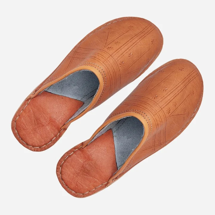 Pair of brown leather slippers on a white background