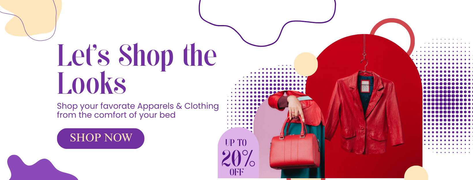 Promotional banner for shopping clothing with a woman holding a red handbag and a red jacket, set against a colorful abstract background.
