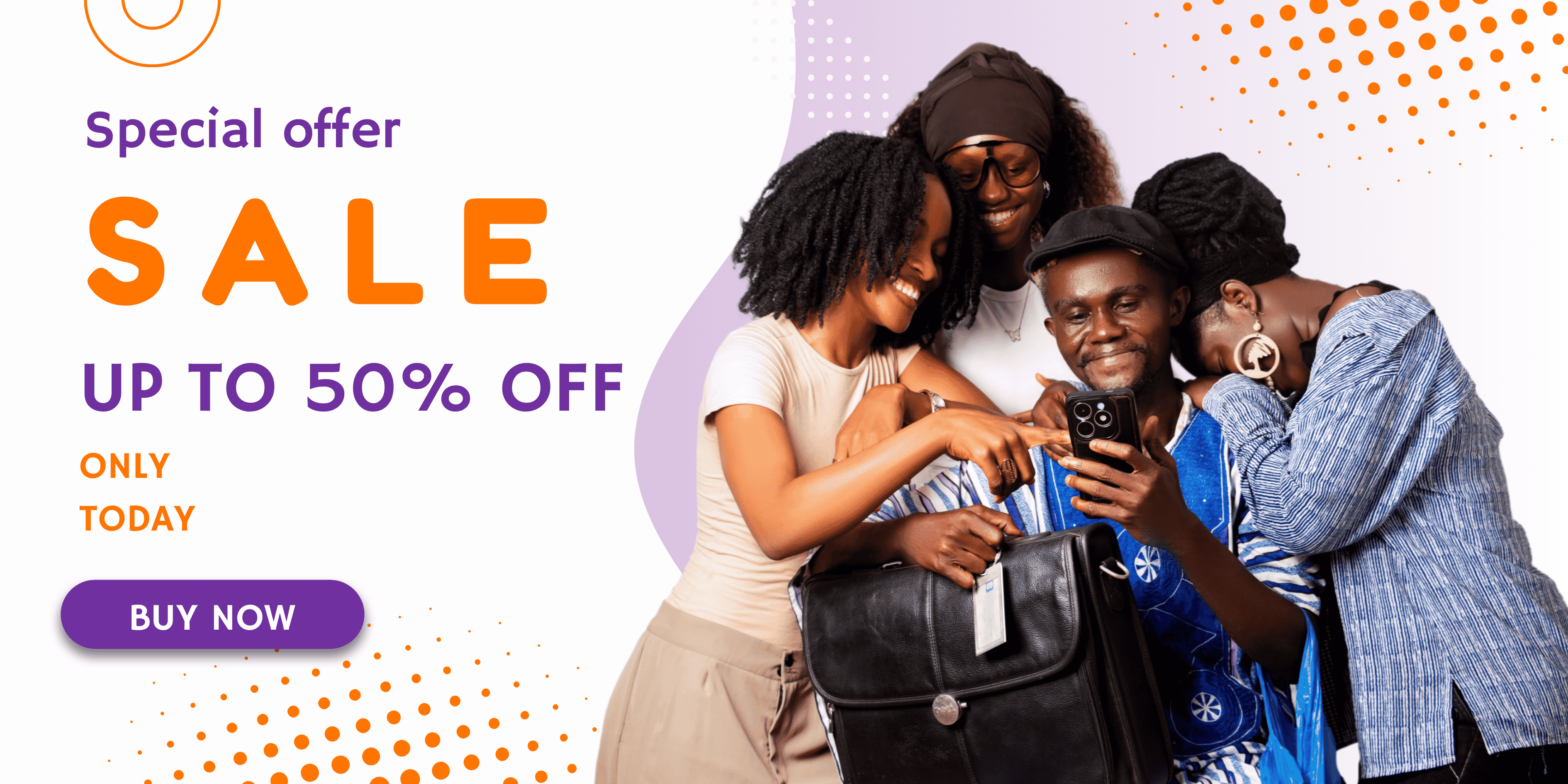 Group of people looking at a phone with a sale advertisement in the background