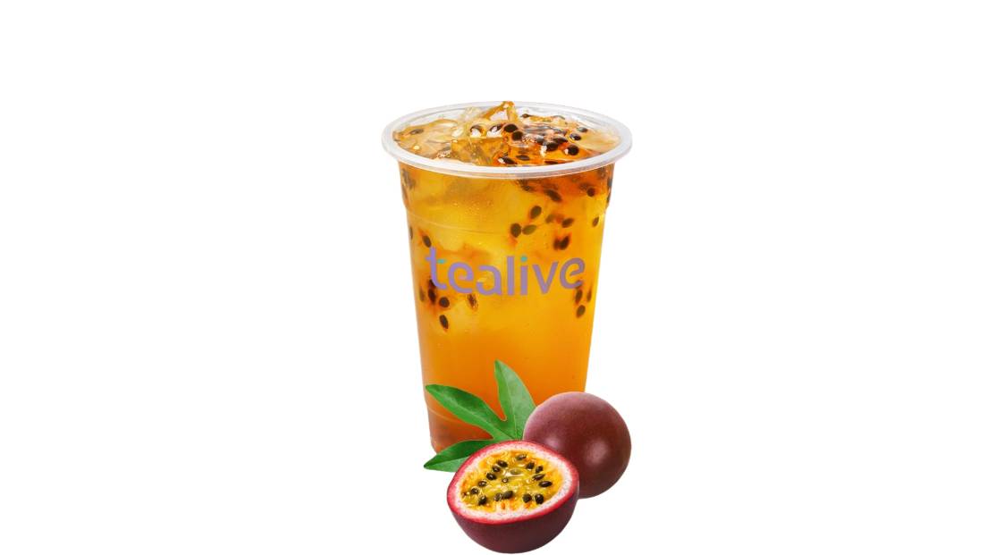 Tealive iced tea with passion fruit on a white background