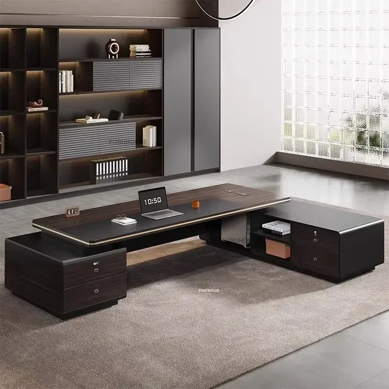 Modern Wooden Boss Office Desks Light Luxury Office Furniture Design with Storage Cabinet Study Desk Commercial President Desk