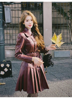 2025 New Fashion PU Leather Dress for Women High Street Trend Long Sleeve Slimming Elegant Pleated Dresses Female Clothing