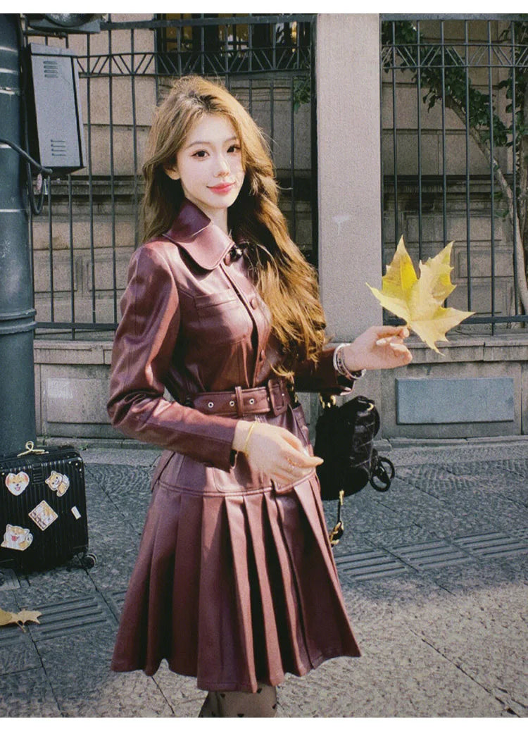 2025 New Fashion PU Leather Dress for Women High Street Trend Long Sleeve Slimming Elegant Pleated Dresses Female Clothing