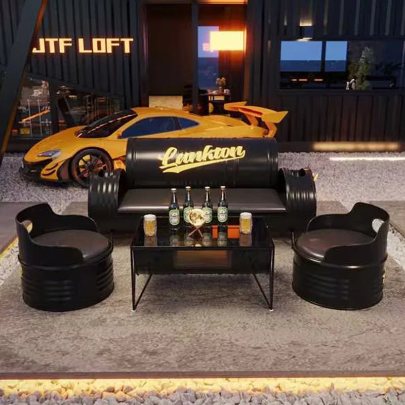 Industrial wind oil drum table and chair combination milk tea barbecue restaurant indoor and outdoor wrought iron furniture can