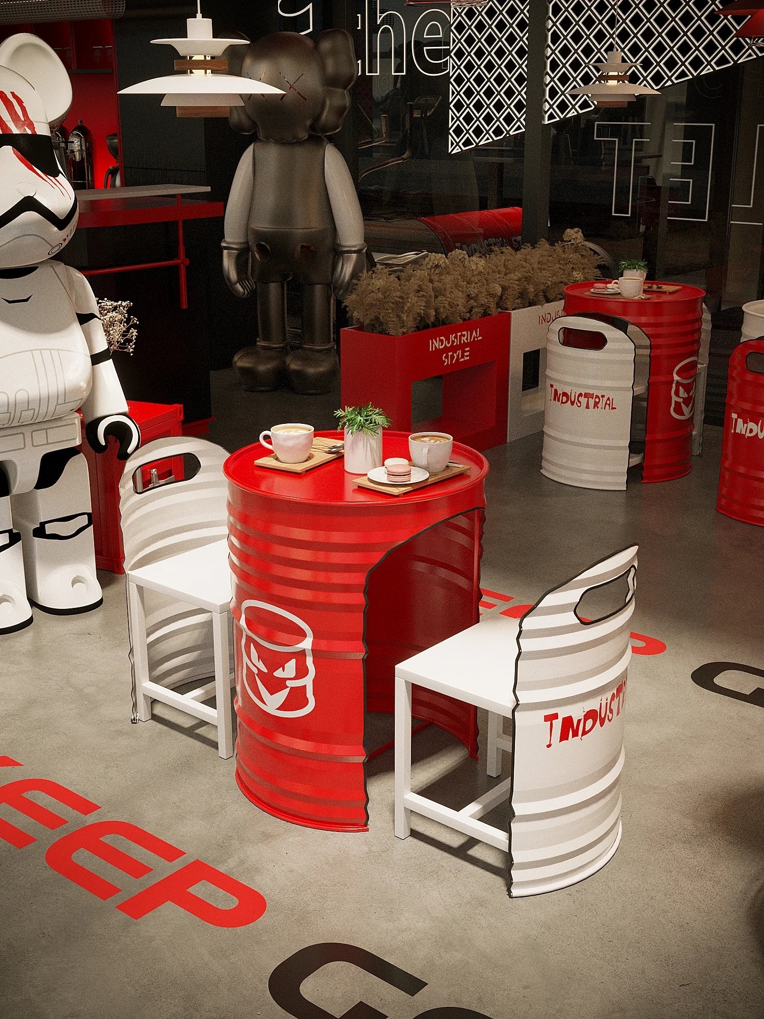 Industrial Style Coffee Shop Courtyard Leisure Area Outdoor Iron Oil Drum Tables and Chairs