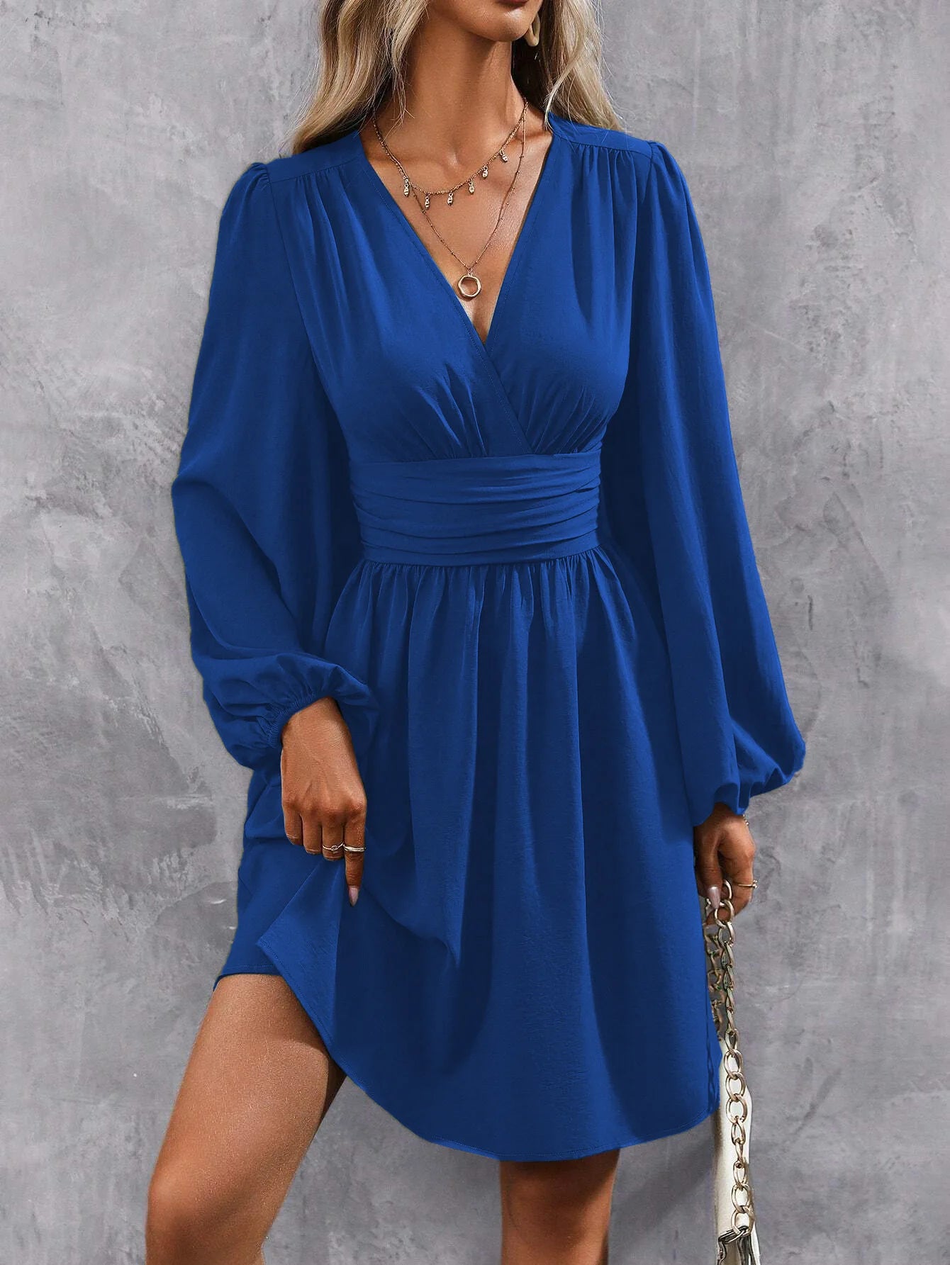 Dresses 2025 Woman Clothing V Neck Lantern Sleeve Wrap Mini Dress Ruched Waist Flowy Hem Elegant for Autumn and Party Styles ﻿