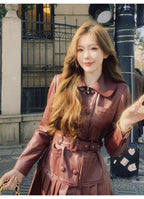 2025 New Fashion PU Leather Dress for Women High Street Trend Long Sleeve Slimming Elegant Pleated Dresses Female Clothing