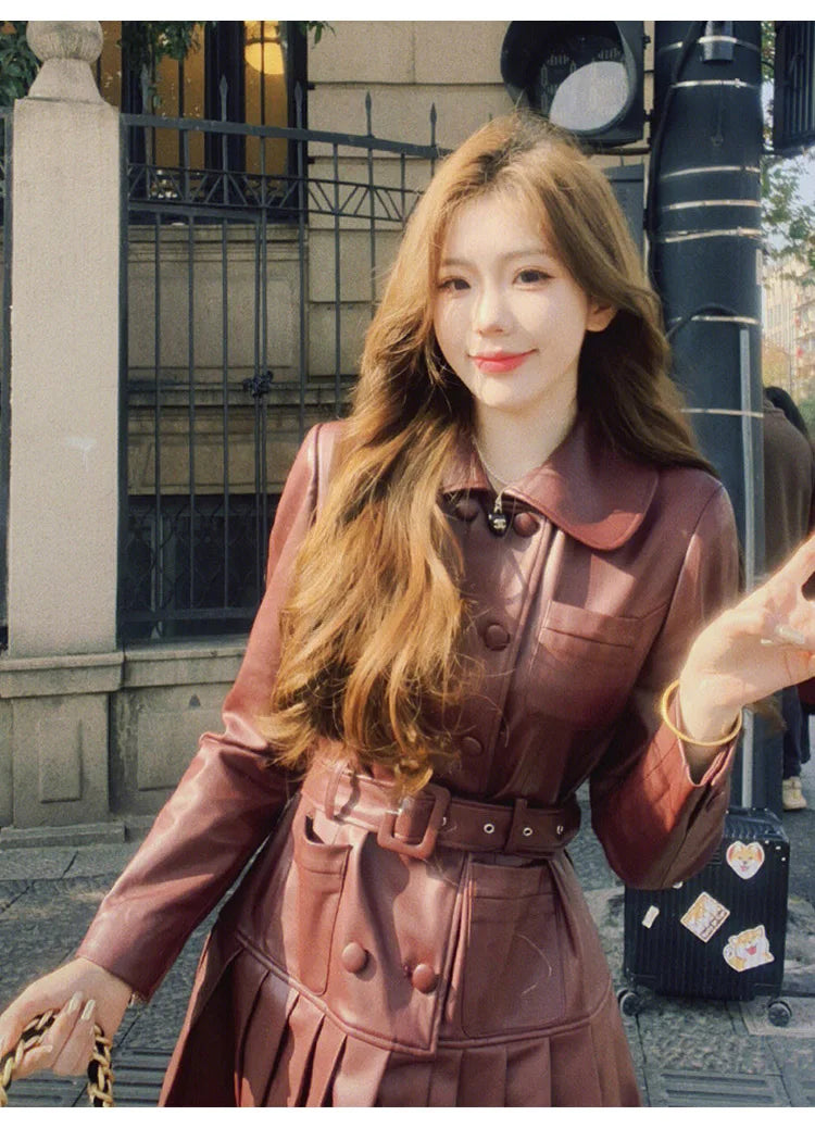 2025 New Fashion PU Leather Dress for Women High Street Trend Long Sleeve Slimming Elegant Pleated Dresses Female Clothing