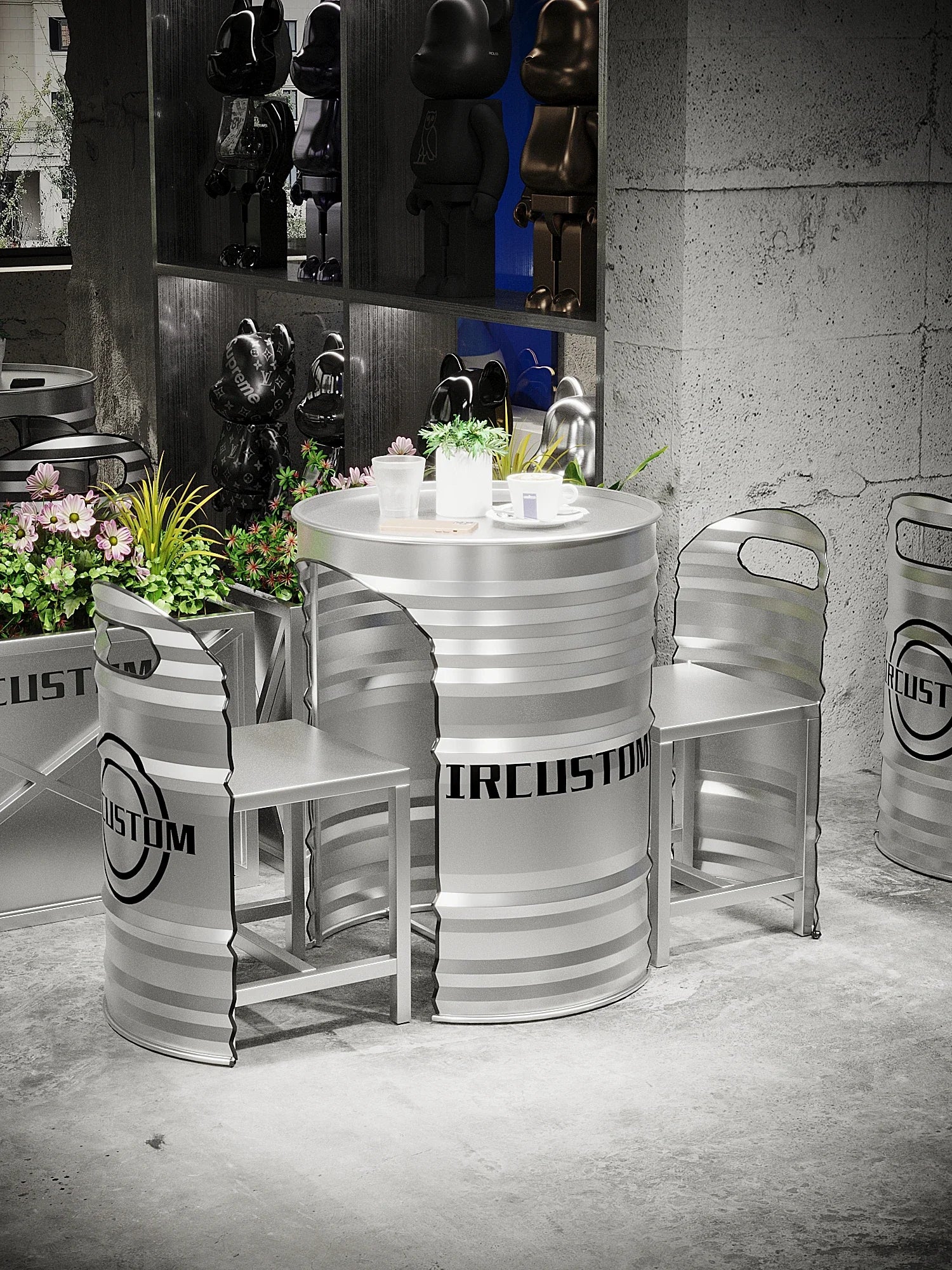 Industrial Style Coffee Shop Courtyard Leisure Area Outdoor Iron Oil Drum Tables and Chairs