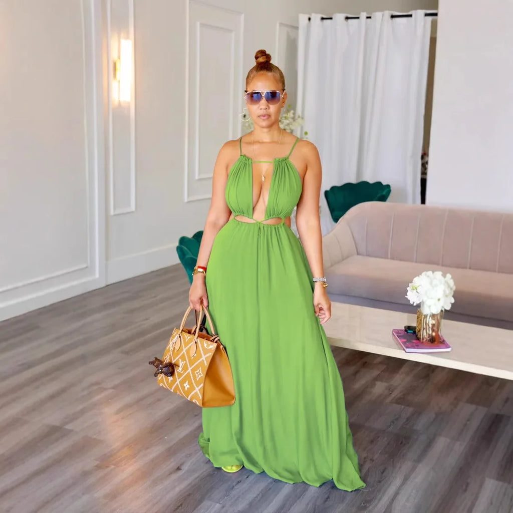 2025 Women's Dress Summer Holiday Solid Long Dresses Sexy Drawstring Lace Up Sleeveless Vestidos Para Mujer Club Party Outfits