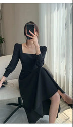 Black Dress Women's 2023 Autumn New Long-sleeved French Retro Hepburn Style Square Neck Dress