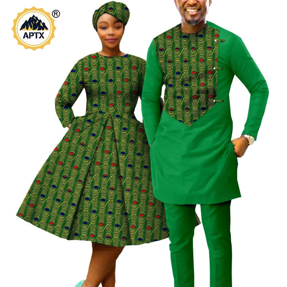 African Print Dresses for Women with Headwrap Matching Couple Outfits Men Patchwork Shirt and Pants Sets Africa Clothing Y22C075