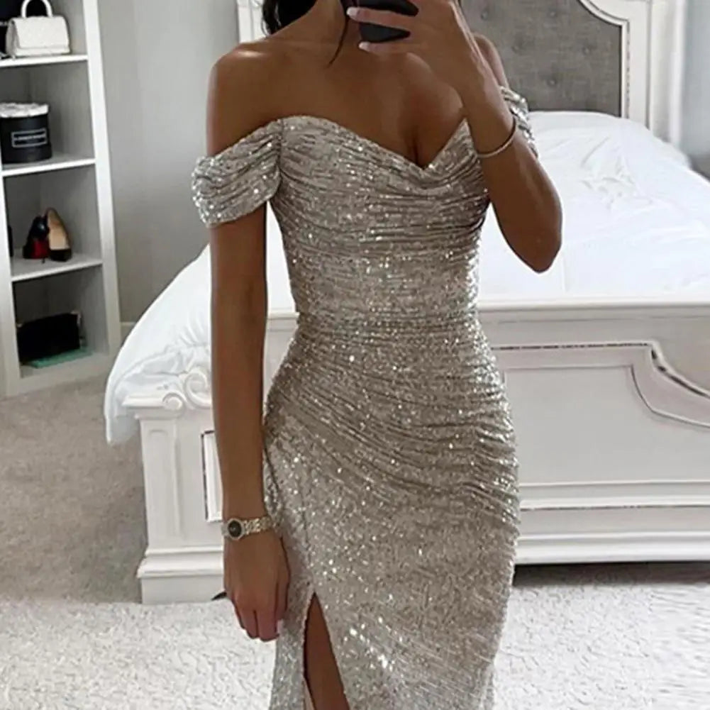 2025 Elegant Off-shoulder Gown Dress V-Neck Sequin Pleated Short Sleeve Waist Tight Maxi Dress Split Evening Party Prom Dress