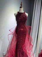 Elegant Sparking Navy Blue Evening Dresses Halt Beading Party Gown Customized Prom Dress 2025 Tiered robes de soirée Sweep Train