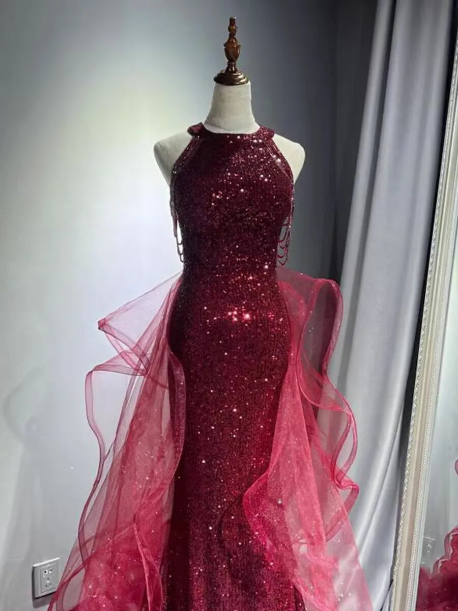 Elegant Sparking Navy Blue Evening Dresses Halt Beading Party Gown Customized Prom Dress 2025 Tiered robes de soirée Sweep Train