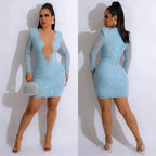 2025 Luxury Smart Evening Dress Women Deep V Neck Long Sleeve Tight Fitting Short Skirt Set With Diamonds Street Banquet Outfits