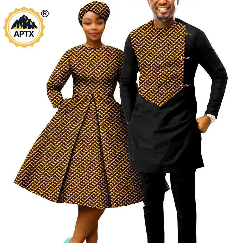 African Print Dresses for Women with Headwrap Matching Couple Outfits Men Patchwork Shirt and Pants Sets Africa Clothing Y22C075