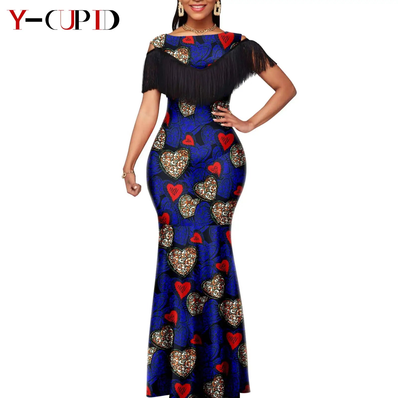 African Dresses for Women Matching Couple Outfits Bazin Riche Dashiki Slim Tassel Print Long Dresses for Party Vestidos Y23C009