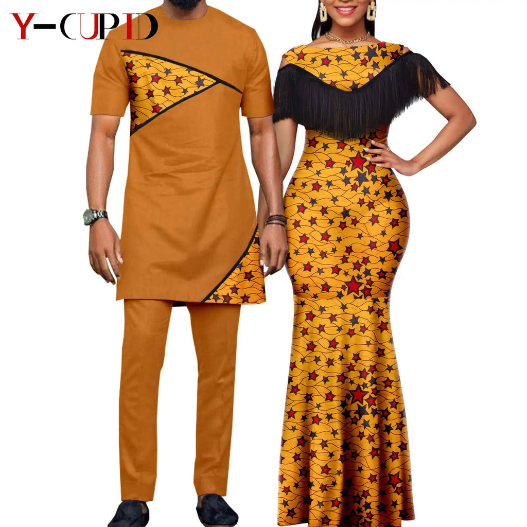 African Dresses for Women Matching Couple Outfits Bazin Riche Dashiki Slim Tassel Print Long Dresses for Party Vestidos Y23C009