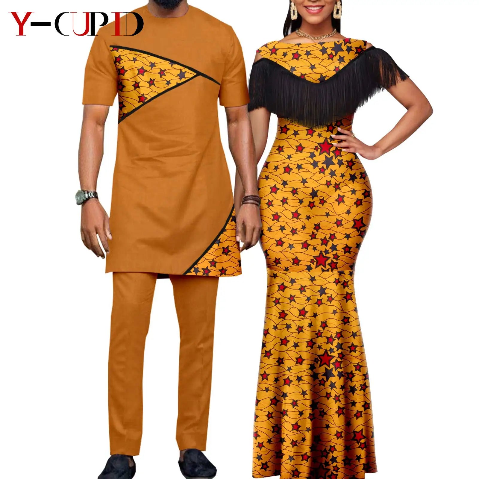 African Dresses for Women Matching Couple Outfits Bazin Riche Dashiki Slim Tassel Print Long Dresses for Party Vestidos Y23C009