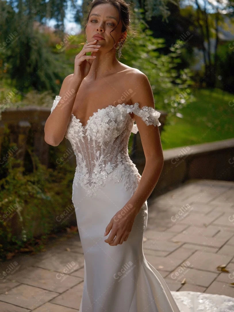 Vintage Wedding Dresses Satin Bridal Gowns Lace Appliques Off The Shoulder Robes Sweep Train Vestidos De Novia Customized 2025