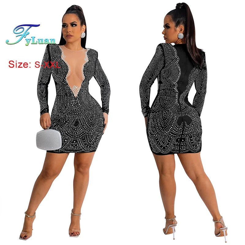 2025 Luxury Smart Evening Dress Women Deep V Neck Long Sleeve Tight Fitting Short Skirt Set With Diamonds Street Banquet Outfits