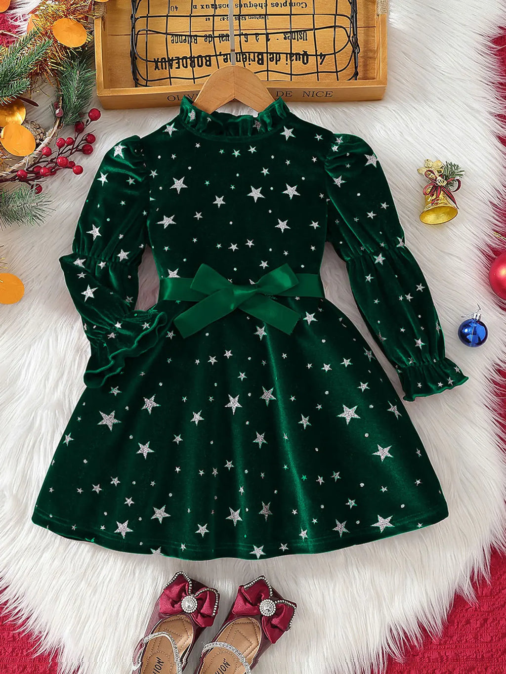 2025 New Year Dress for Girls Winter 3-6Y Kids Star Print Bowknot Long Sleeve Evening Dress Christmas Festive Dress for Girls