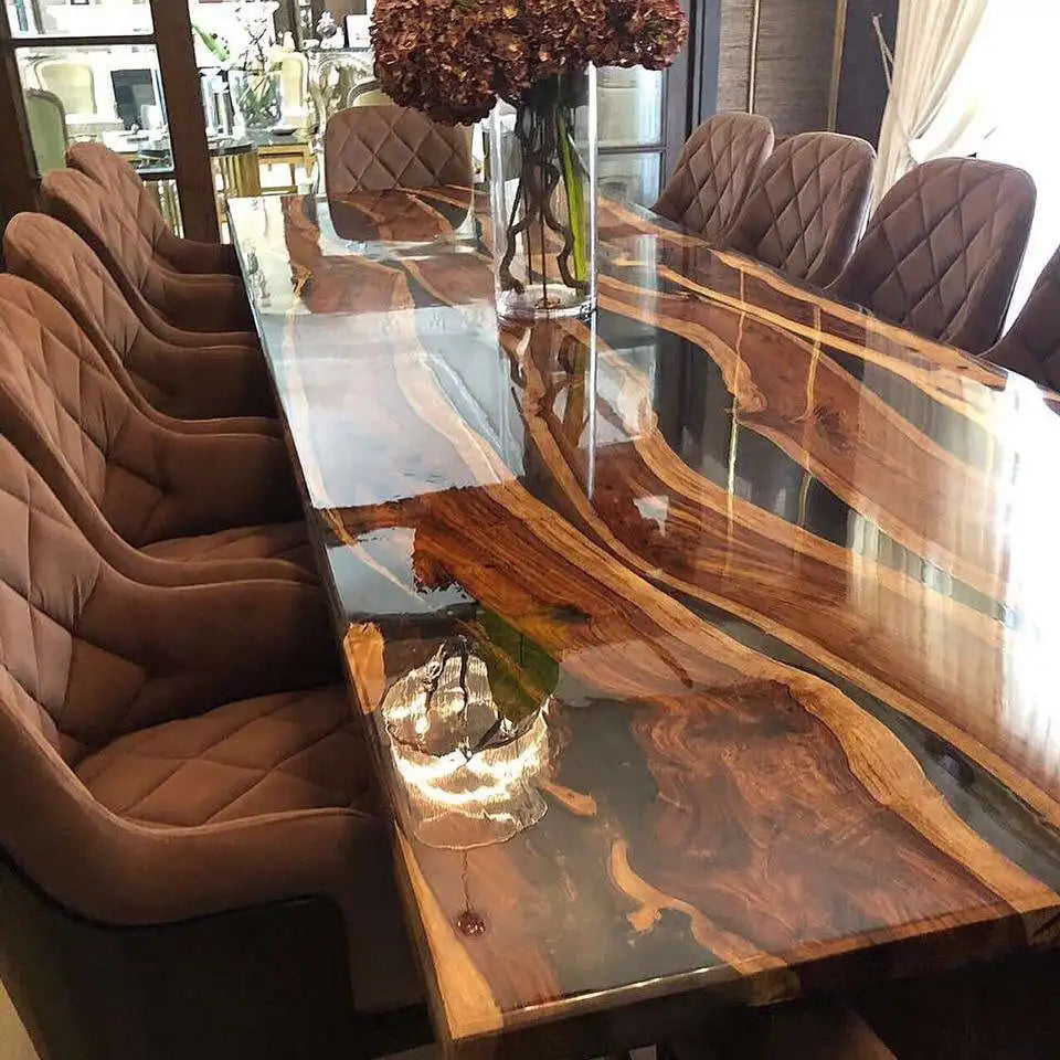 Luxury design most popular solid wood walnut Qinghe transparent epoxy wood resin table