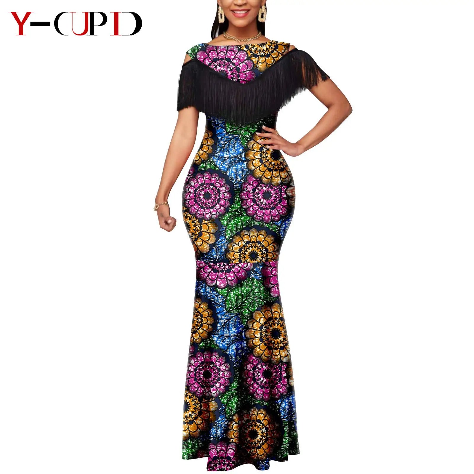 African Dresses for Women Matching Couple Outfits Bazin Riche Dashiki Slim Tassel Print Long Dresses for Party Vestidos Y23C009