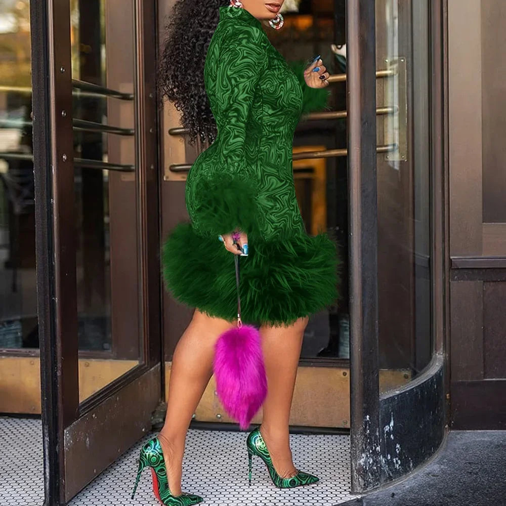 Vintage Mini Dress Women African Spring Feather Fall Sexy Bandage Long Sleeve Africa Bodycon Party Vestidos Birthday Streetwear