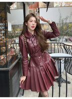 2025 New Fashion PU Leather Dress for Women High Street Trend Long Sleeve Slimming Elegant Pleated Dresses Female Clothing