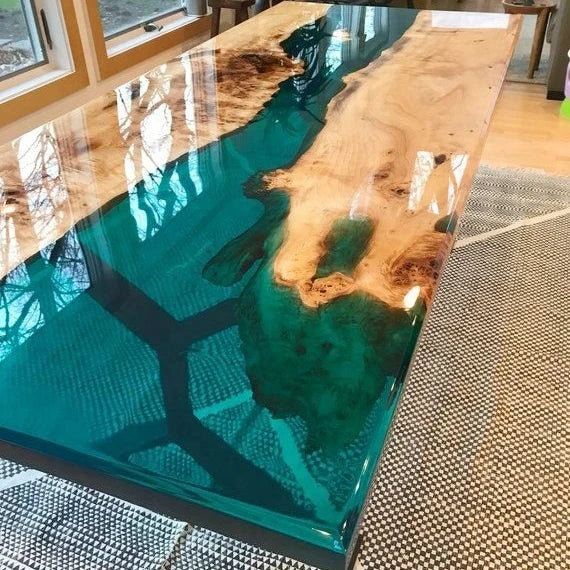Luxury design most popular solid wood walnut Qinghe transparent epoxy wood resin table