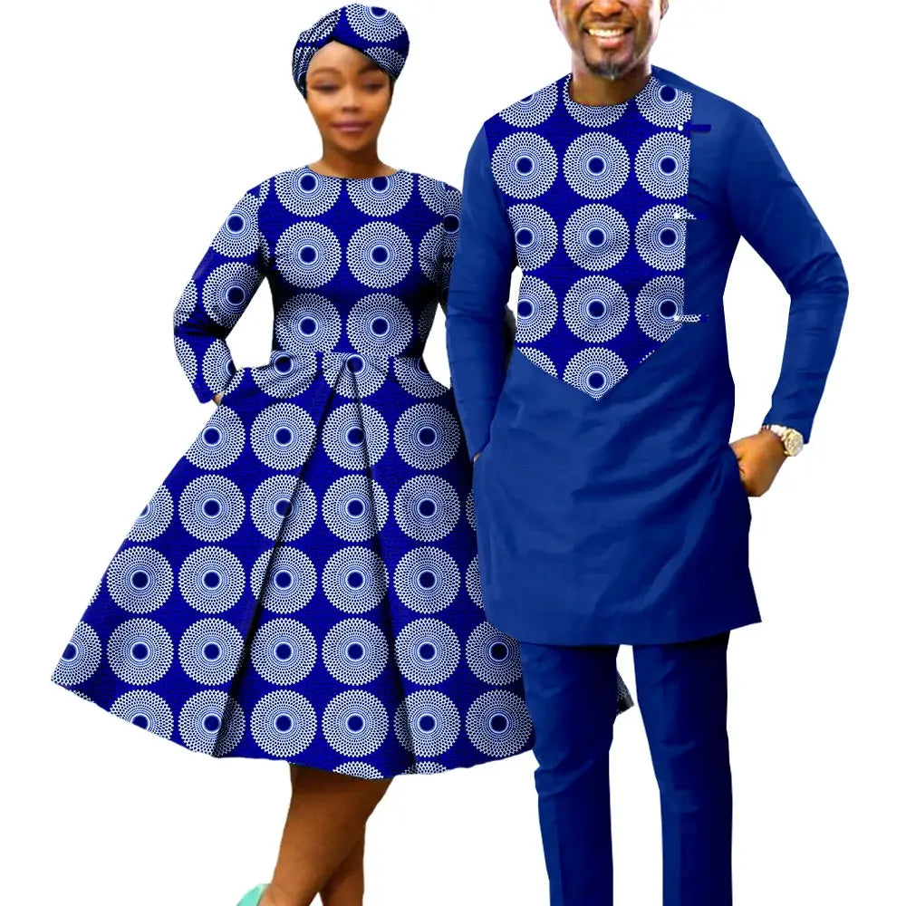 African Print Dresses for Women with Headwrap Matching Couple Outfits Men Patchwork Shirt and Pants Sets Africa Clothing Y22C075