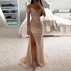 2025 Elegant Off-shoulder Gown Dress V-Neck Sequin Pleated Short Sleeve Waist Tight Maxi Dress Split Evening Party Prom Dress