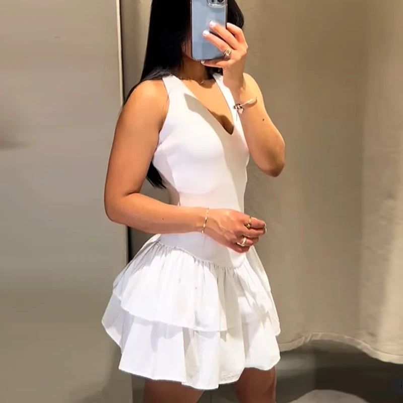 Women's Dresses 2025 Halter Pink Mini Dresses Chic v Neck Layer Ruffles Hem Dress A Line Vestido Summer Ladies Street Party Wear