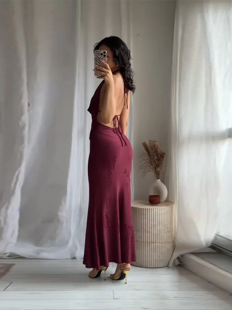 Elegant Party Dresses For Women 2025 Vintage Red Lace Up Sleeveless Deep V Neck Long Dress Female Hip Package Lady Vestidos New