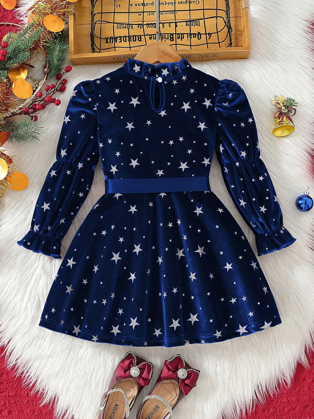 2025 New Year Dress for Girls Winter 3-6Y Kids Star Print Bowknot Long Sleeve Evening Dress Christmas Festive Dress for Girls