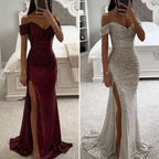 2025 Elegant Off-shoulder Gown Dress V-Neck Sequin Pleated Short Sleeve Waist Tight Maxi Dress Split Evening Party Prom Dress