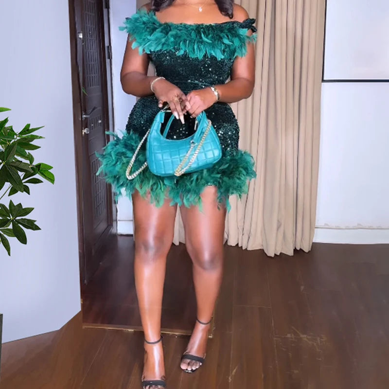 Sequin Feather Mini Dress