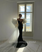 Black Evening Dresses for Women Customized Luxury White 3D Flower Jacket Formal Occasion Dress Floor Israel Long Prom Gowns